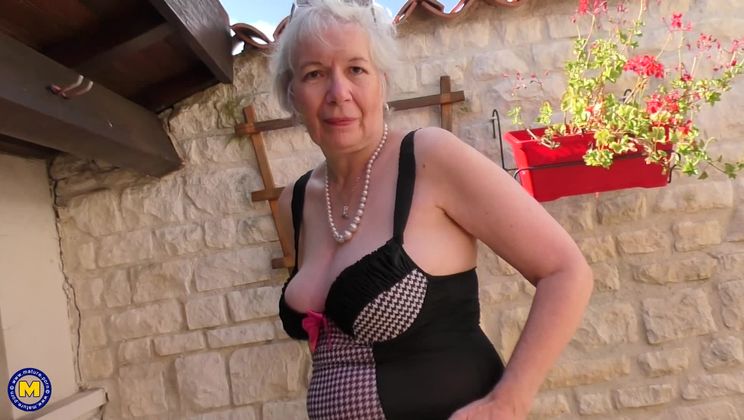 British horny granny playing outside