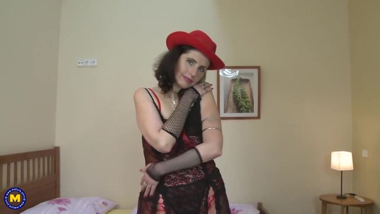 Mature brunette housewife in lingerie pleasures her hairy pussy with toys - Darlena