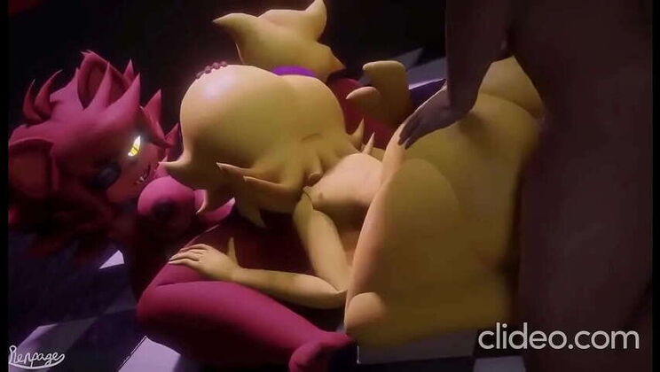 Lucky guy enjoying himself with Chica and Foxy in a threesome