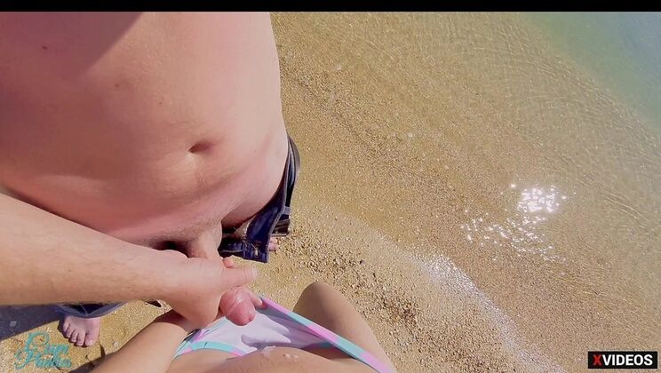 Stranger Cums in MILF's Panties on Beach - Public Handjob & Wet Kink