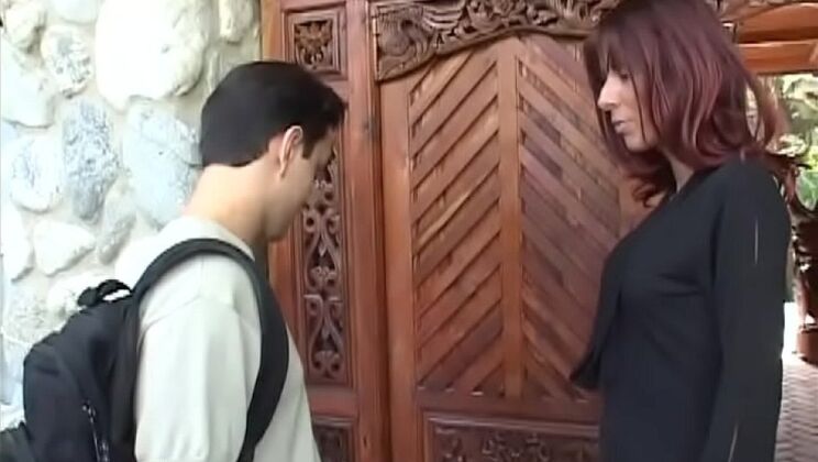 Hot MILF with auburn hair fucks her son's best friend outdoors