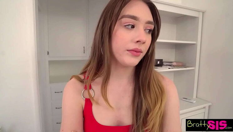 Step Sis Michelle Anthony Gets Deep Throat BJ & Cum in Mouth - Petite Brunette in Lingerie