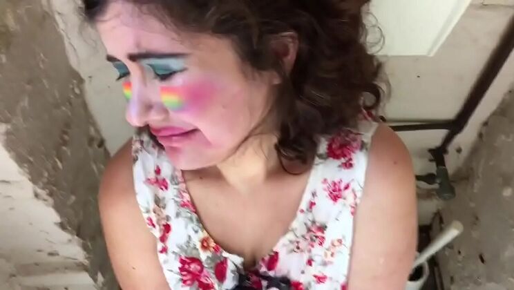 Chubby Sub Gagged and Face Fucked in Toilet, Swallows Cum and Piss