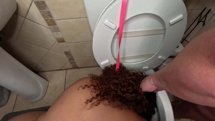 Interracial Blowjob & Golden Shower - BBW Gagged & Pissed On in Toilet