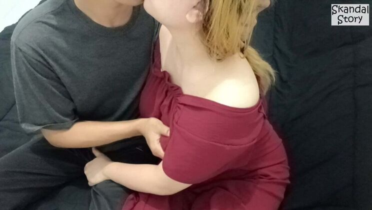 Sexy BBW Asian Stepmom in Red Shirt Fucks Step Son - Homemade Indonesian Hijab Porn