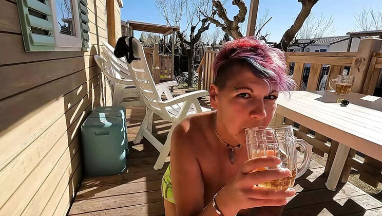 Outdoor Camping Blowjob - Brunette Sucking Dick on Terrace