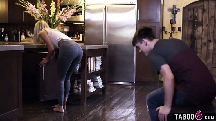 Petite MILF Mona Wales seduces stepson with her big ass and takes his anal pounding