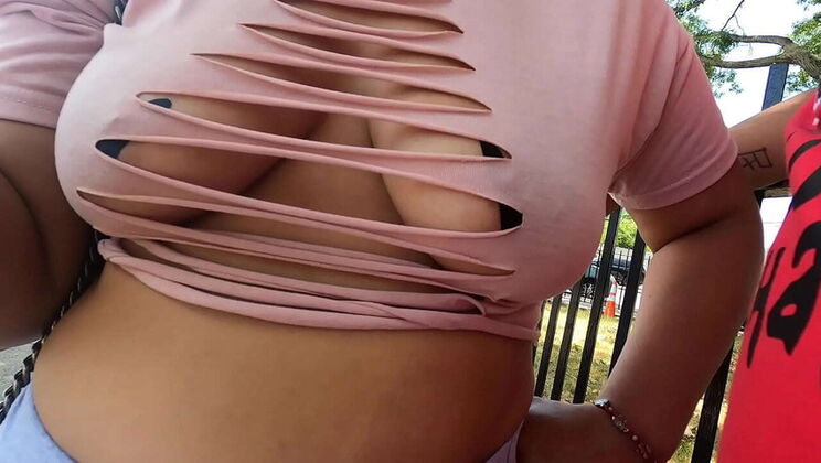 Hot Latina wife flashes her pierced nipples in public - no bra, just pasties!