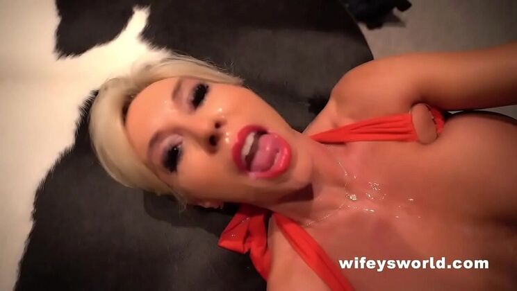 Blonde MILF Sandra Otterson Takes Huge Cumshot in Mouth and on Big Tits - Hotwife Swallows