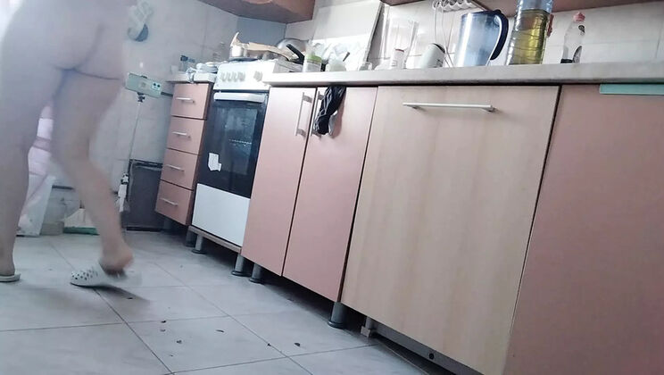 Hairy Brunette MILF Mirsur Cooking Naked - Big Ass & Tits in Kitchen Fingering