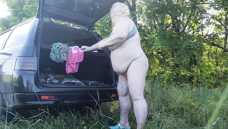 Mother-in-law solo masturbation outdoors with big natural tits and ass