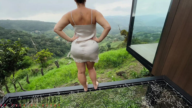 Chubby Secretary Fucks Boss on Balcony in Satin Dress - Outdoor Risky Sex