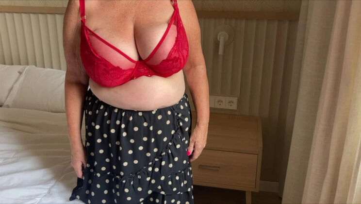 Mrs Mature Amateur Homemade with Big Natural Tits in Red Lingerie and Stockings Foot Fetish