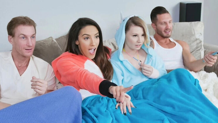 Scared teen stepdaughters Adrian Hush & Cara May get happy ending massage from stepdads in taboo family movie