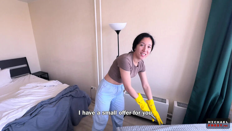 Asian MILF Cleaning Lady Fucks For Money - POV Blowjob & Facial Cumshot