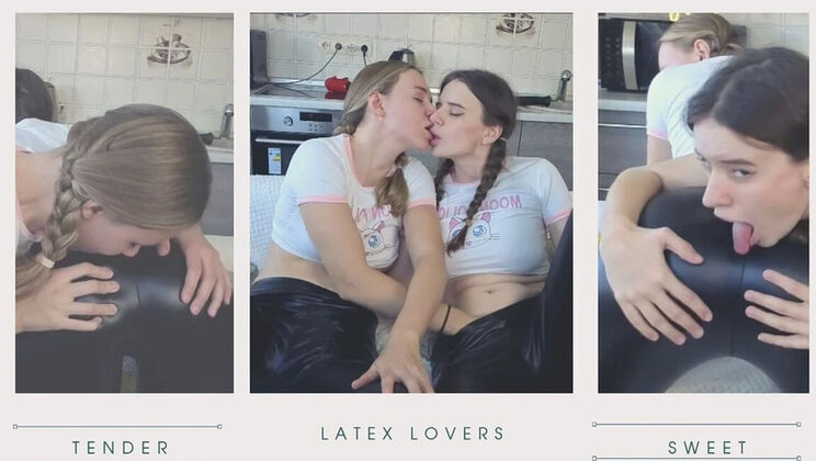 Blonde & Brunette Lesbian Scissoring in Tight Latex Leggings - Big Boobs Fetish Sex