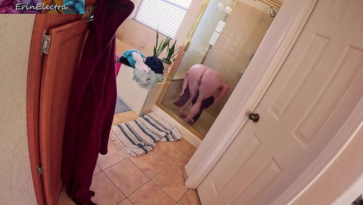 Step Son Spies on Busty Stepmom in Shower and Gets Lucky - Big Natural Tits, Creampie