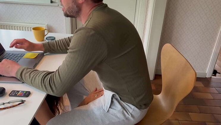 Wife Blowjob During Online Meeting - Angelina Love Gives Willie Ropes Passionate Office BJ