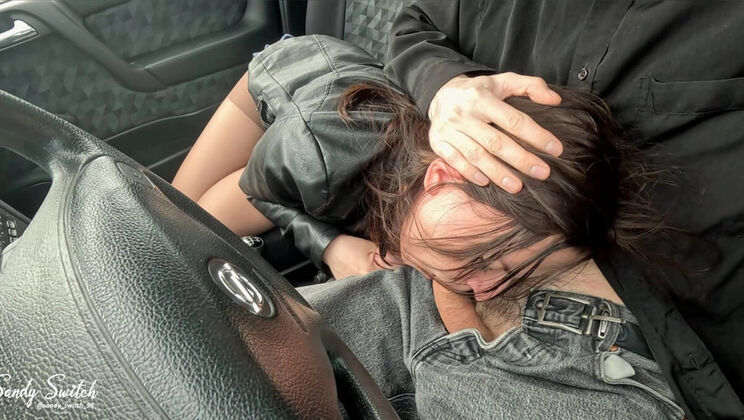 Hitchhiker Sandy Switch sucks driver's dick in car at high speed - Blowjob & facial with big natural tits