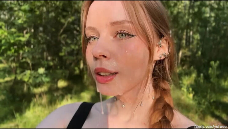 Hot Blonde Gives Incredible Blowjob in the Woods Then Takes Cum Walk