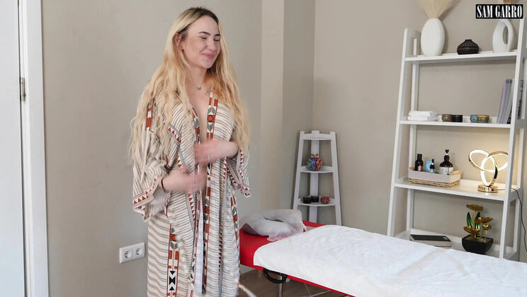 Blonde babe gets a huge dick in her mouth after massage