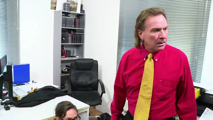 Big George's Hairy Brunette Secretary Gets Big Ass Sprayed With Cum