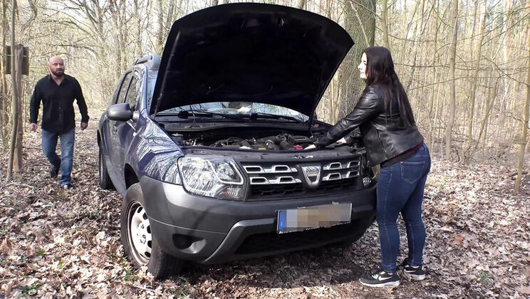 She sucks his big cock before he helps her fix the car