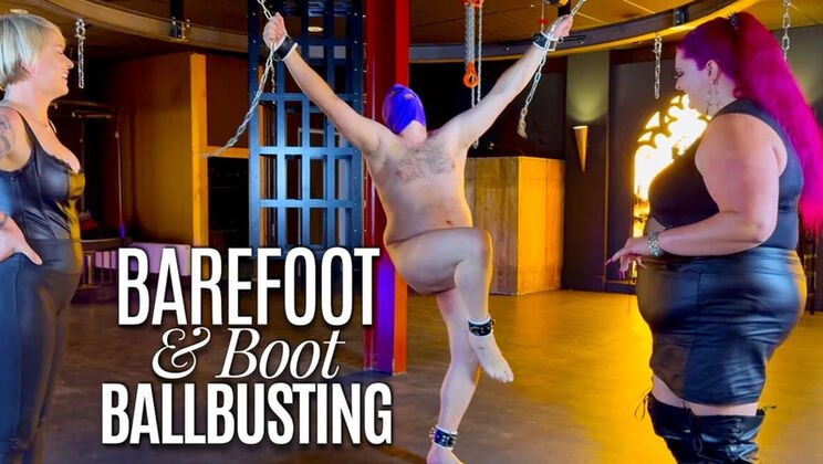 MistressBaton Punishes Naked Slave With Barefoot & Boot Ballbusting Kicks