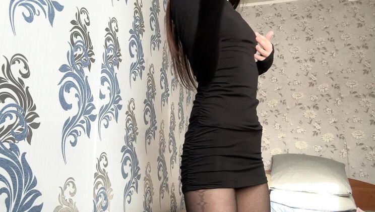 Alexa Holly in a tiny dress with no panties, stroking herself in tights until she cums