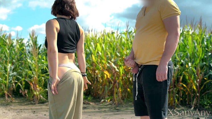 Petite MILF Fucks Stranger in Cornfield – Standing Sex & Cum on Ass
